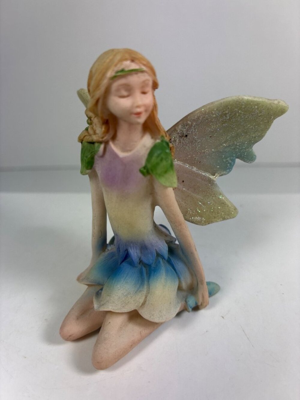 Porcelain Fairy Figurine Seated Flower Petal Dress Glitter Wings